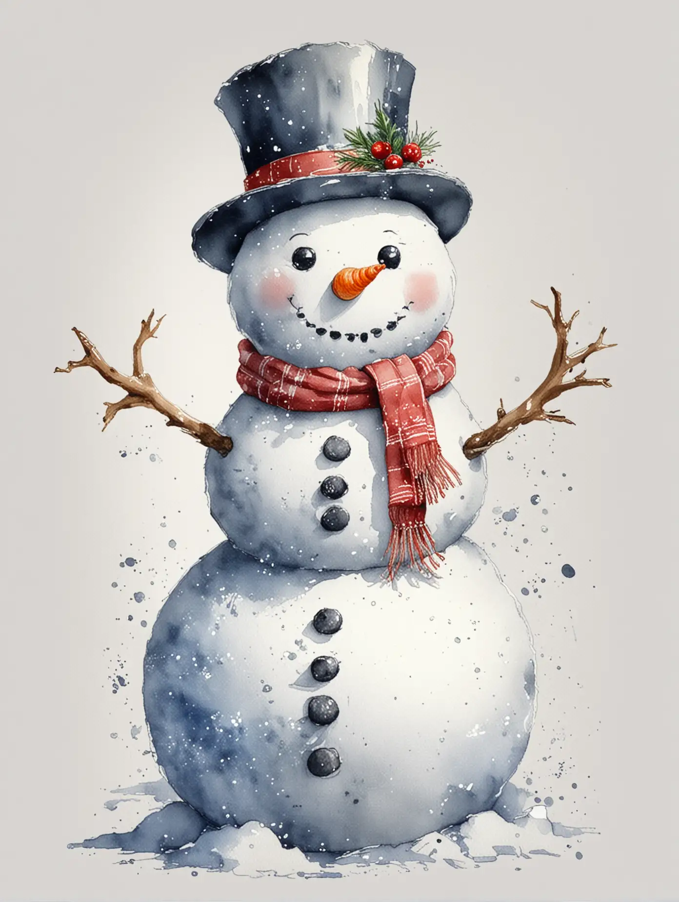 New-Year-Snowman-in-Watercolor-with-Detailed-Sketching-on-White-Background