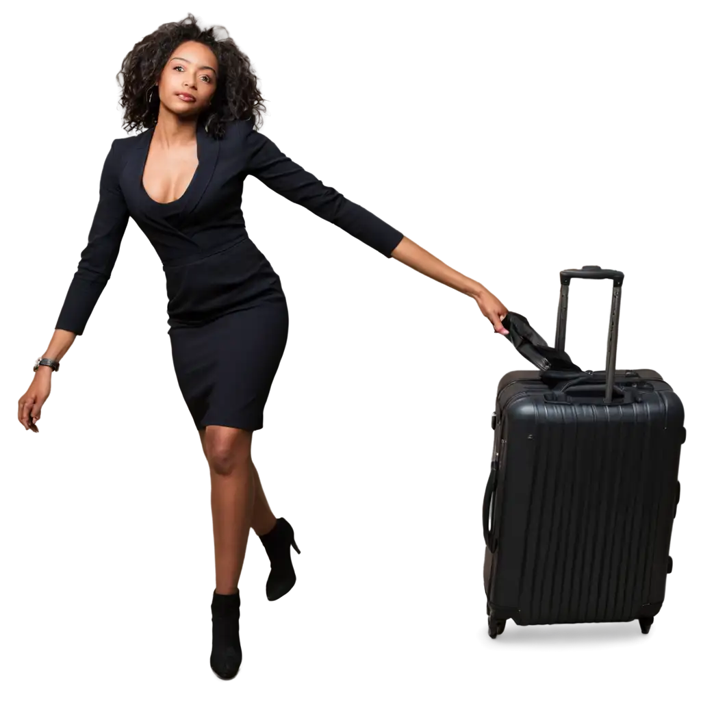 A young beautiful black African woman dragging her travel luggage in evening wear.