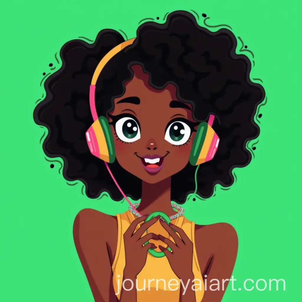 Black-Girl-with-Curly-Hair-in-Groovy-Outfit-Wearing-Headphones
