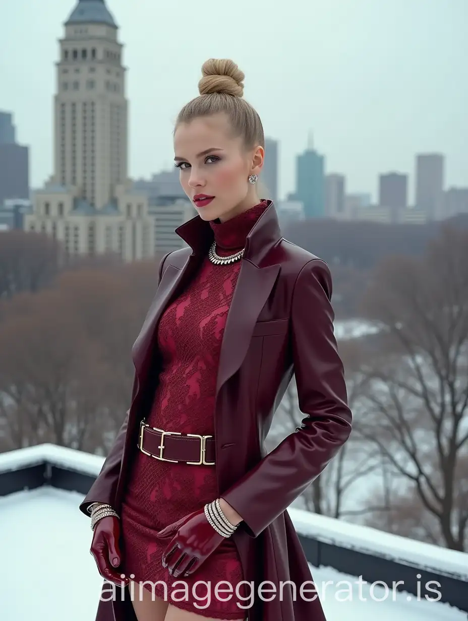 Full body shot of a BLOND RUSSIAN model, with a bun, a lot of bracelets, collars and earrings, wearing very high patent dark red thigh-high-boots with very high stiletto heels, a lace dress with geometrical red and fuchsia designs and a very formal dark red leather orchestra concert tuxedo with long sleeve high cut cropped Eton jacket, on a rooftop over Central Park in New York under snow