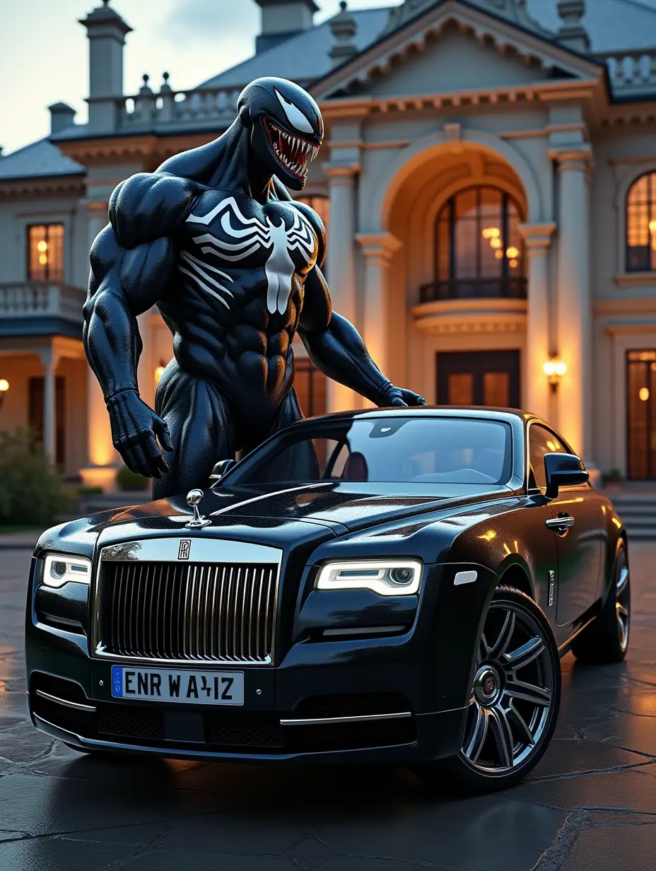 A highly detailed and realistic digital artwork featuring Venom standing proudly in front of a newly repaired Rolls-Royce, parked in front of his massive, luxurious mansion. His towering, muscular form is covered in the glossy black symbiote suit, with sharp white veins running across his body. His signature menacing grin reveals razor-sharp teeth, and his long tongue flicks slightly as he admires his work. The Rolls-Royce, once rusted and broken, is now fully restored with a polished chrome grille, gleaming black paint, and spotless windows reflecting the mansion’s grand architecture. The mansion behind him is an extravagant estate with towering pillars, intricate stonework, and massive windows, exuding power and wealth. The scene is set at dusk, with golden lights illuminating the mansion’s exterior while the sky transitions into deep blues and purples. The atmosphere blends elegance and intimidation, highlighting Venom’s dominance in a cinematic and visually striking style.