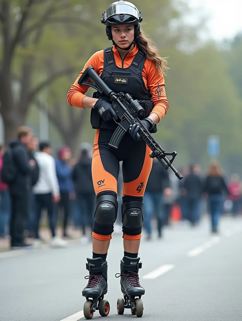 a 17 year old airsoft geared woman at a distance, she is skating on a street, holding a weapon, ordinary people in background, clothes have racing colors, she is wearing lots of functional sportswear, cycling gloves, airsoft helmet with transparent visor over eyes, smartwatch, thick plastic knee pads, modern inline skates with complete organized wheels