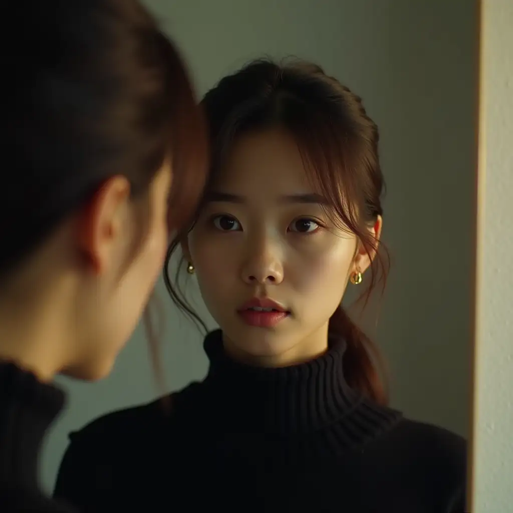 electronic movie shot a young Asian woman in the mirror view, leaving smooth but slightly messy bangs. She has almond-shaped eyes, dark brown hair and fair skin. She wears a high-necked black sweater and gold earrings. The background is gray-white wall. The light is warm and golden, creating an intimate and nostalgic atmosphere.