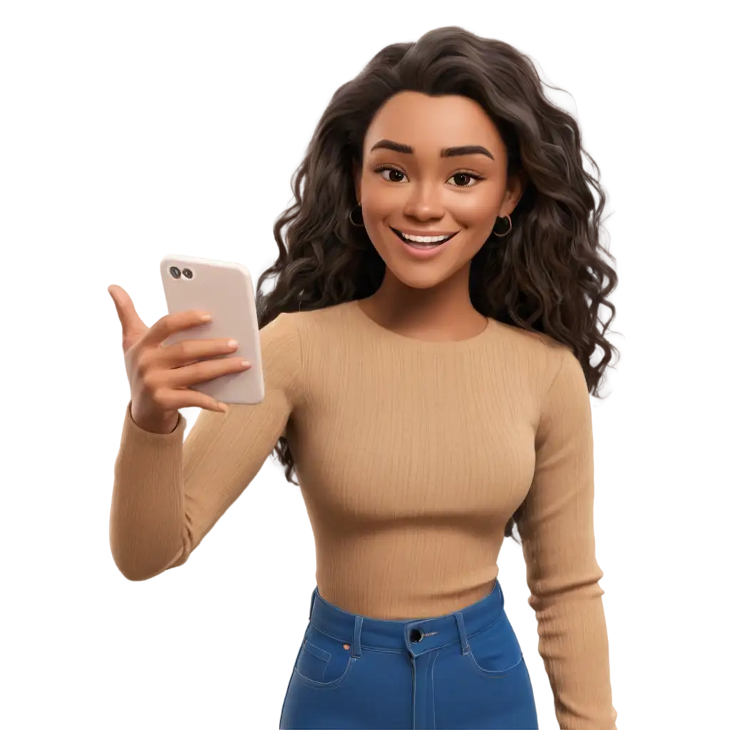 3D-PNG-Image-of-a-Woman-Smiling-While-Looking-at-Her-Phone-Perfect-for-Various-Digital-Uses