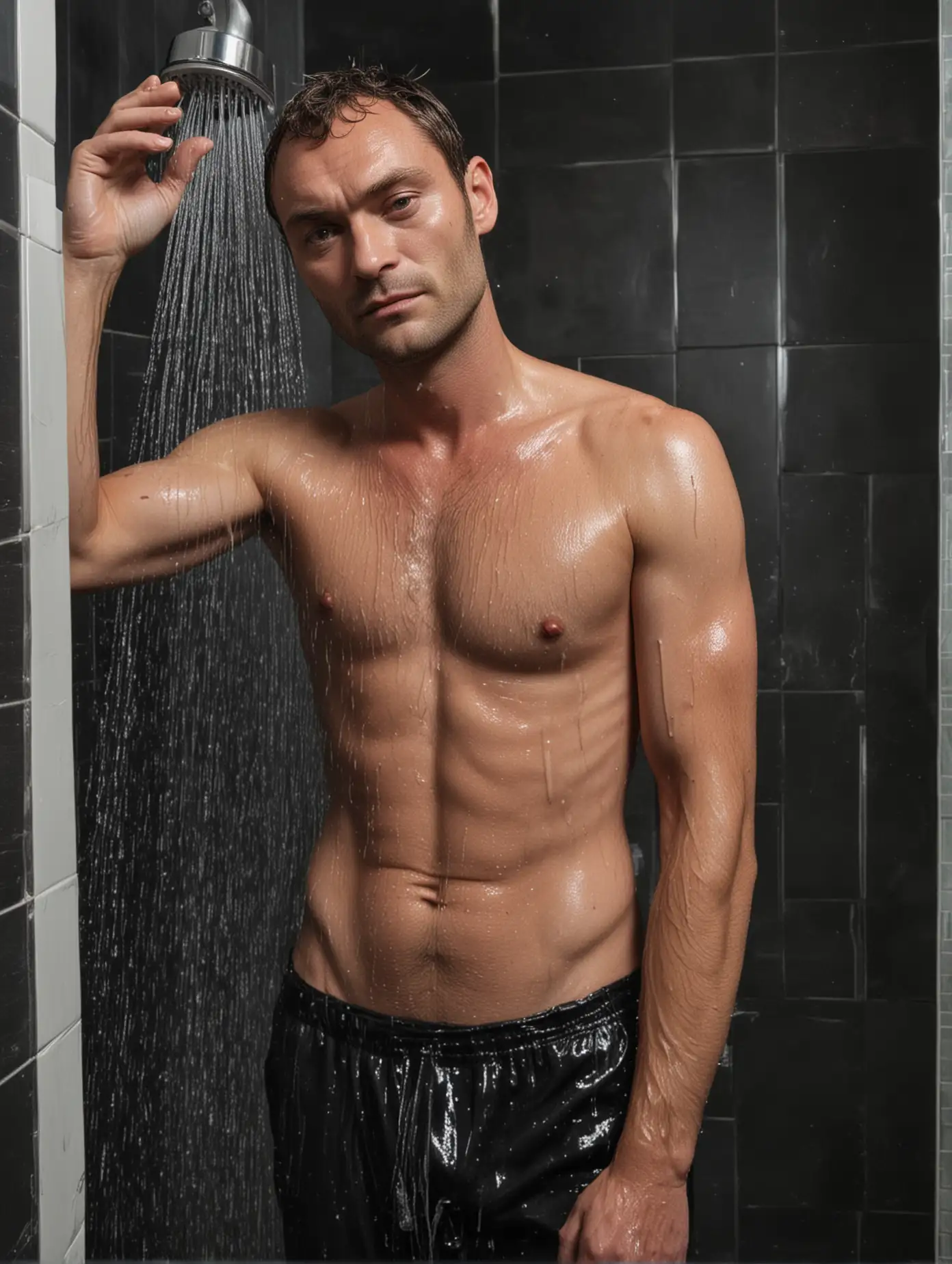 A man who looks a lot like Jude Law taking a shower in his black-tiled bathroom