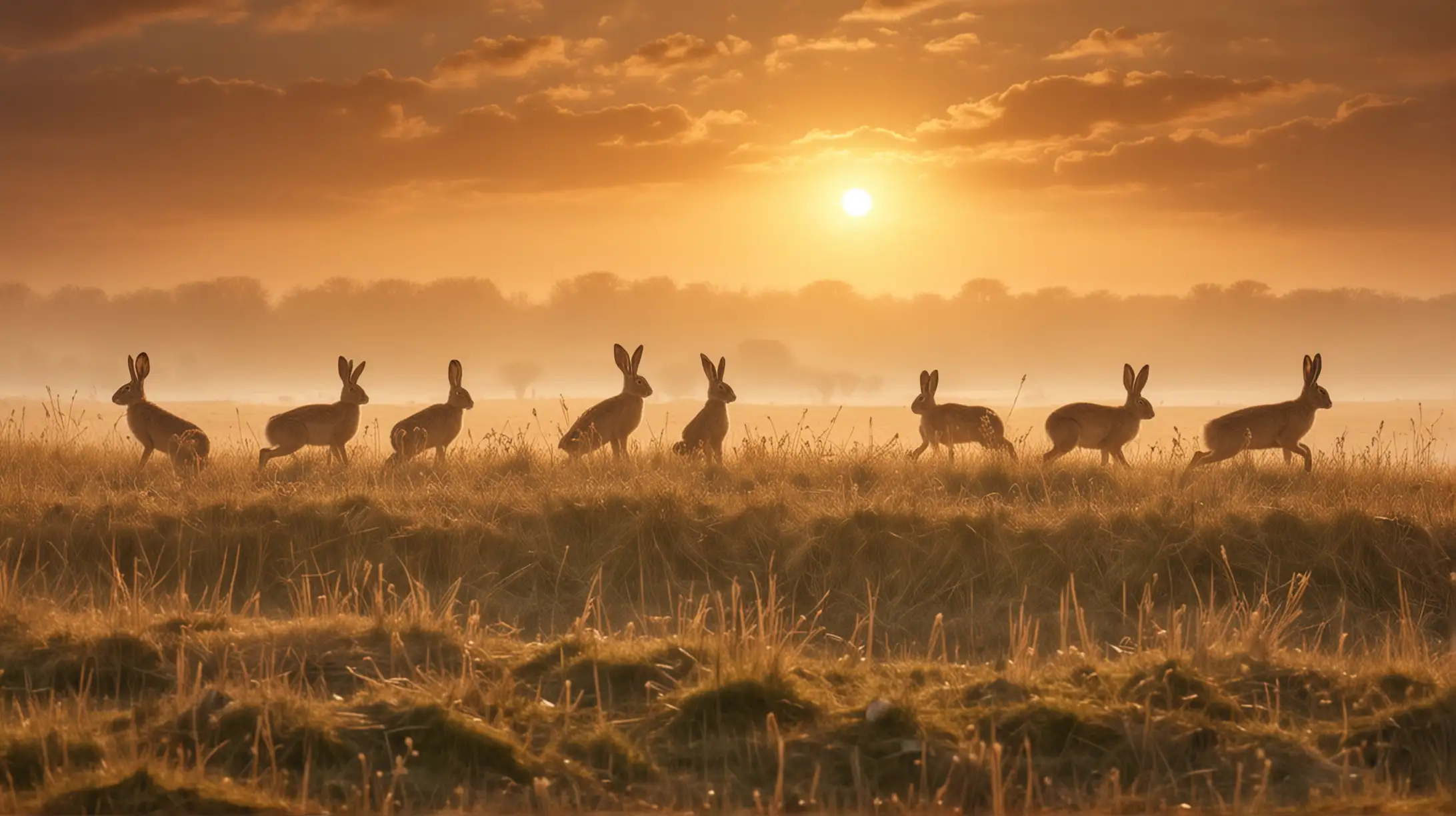 Hares in a Golden Field under a Hazy Sky