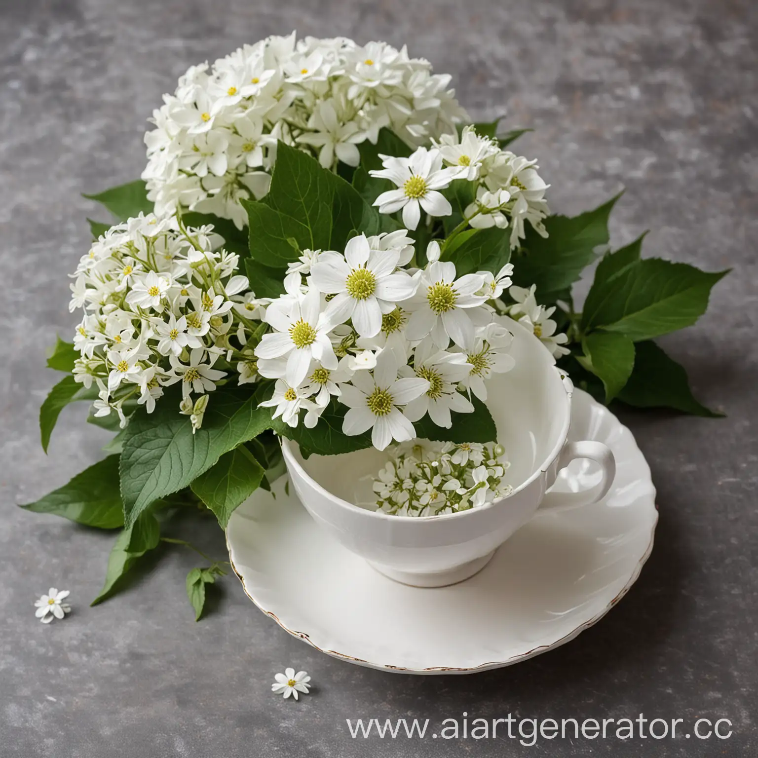 Floral-Teacup-with-White-Saucer-and-Green-Leaves