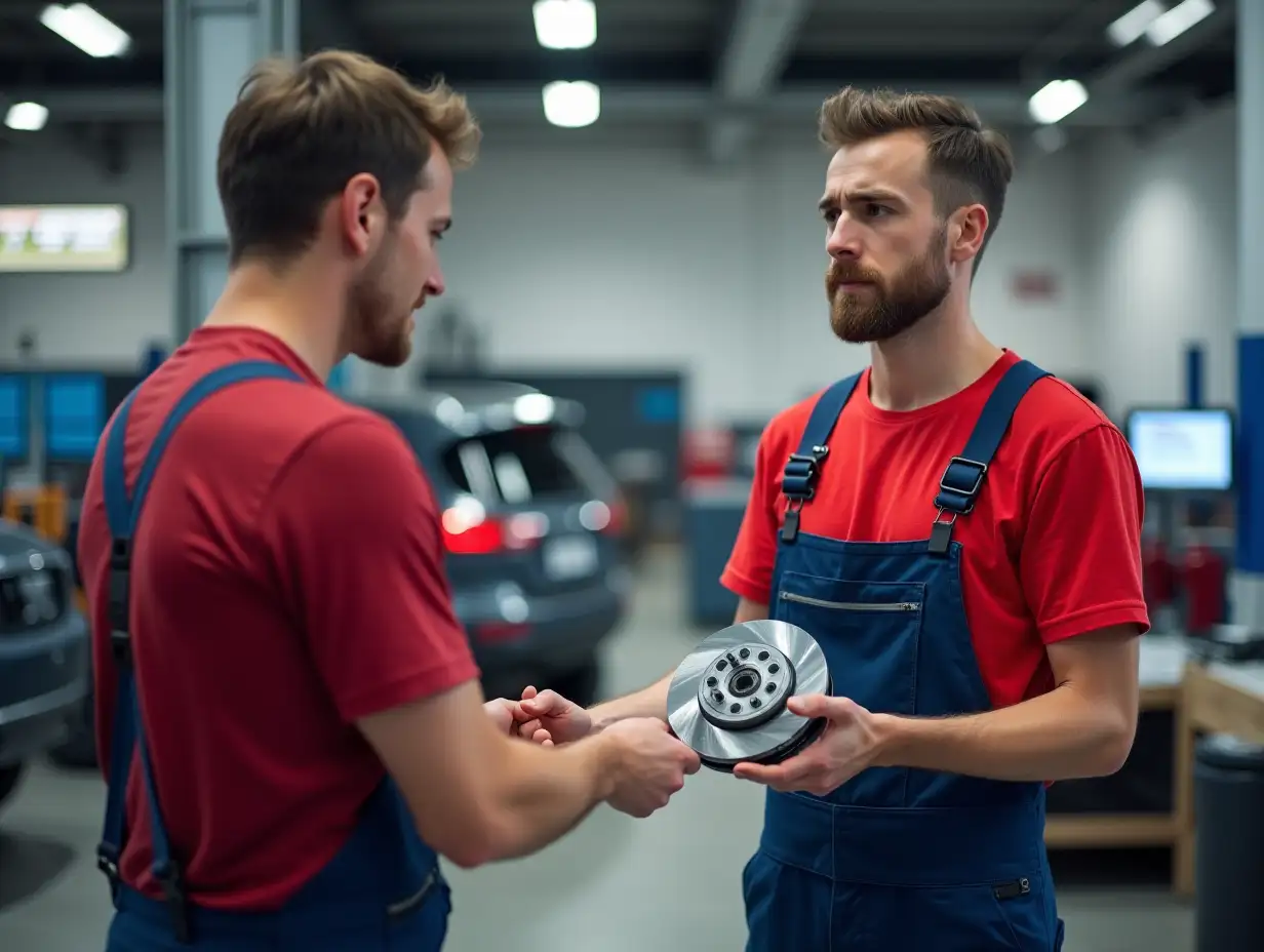 customer returns a car part at the pickup point. the manager who accepts the return is upset. The manager should be in a red t-shirt and blue work coveralls. The client holds a support and brake disc actions take place at the order pickup point