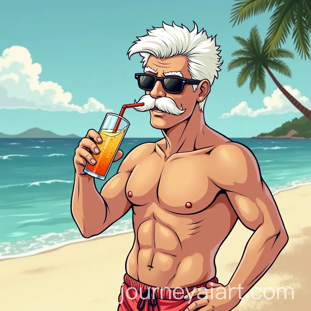 Elderly-Man-with-White-Hair-Enjoying-Cocktail-at-the-Beach-in-Comic-Style