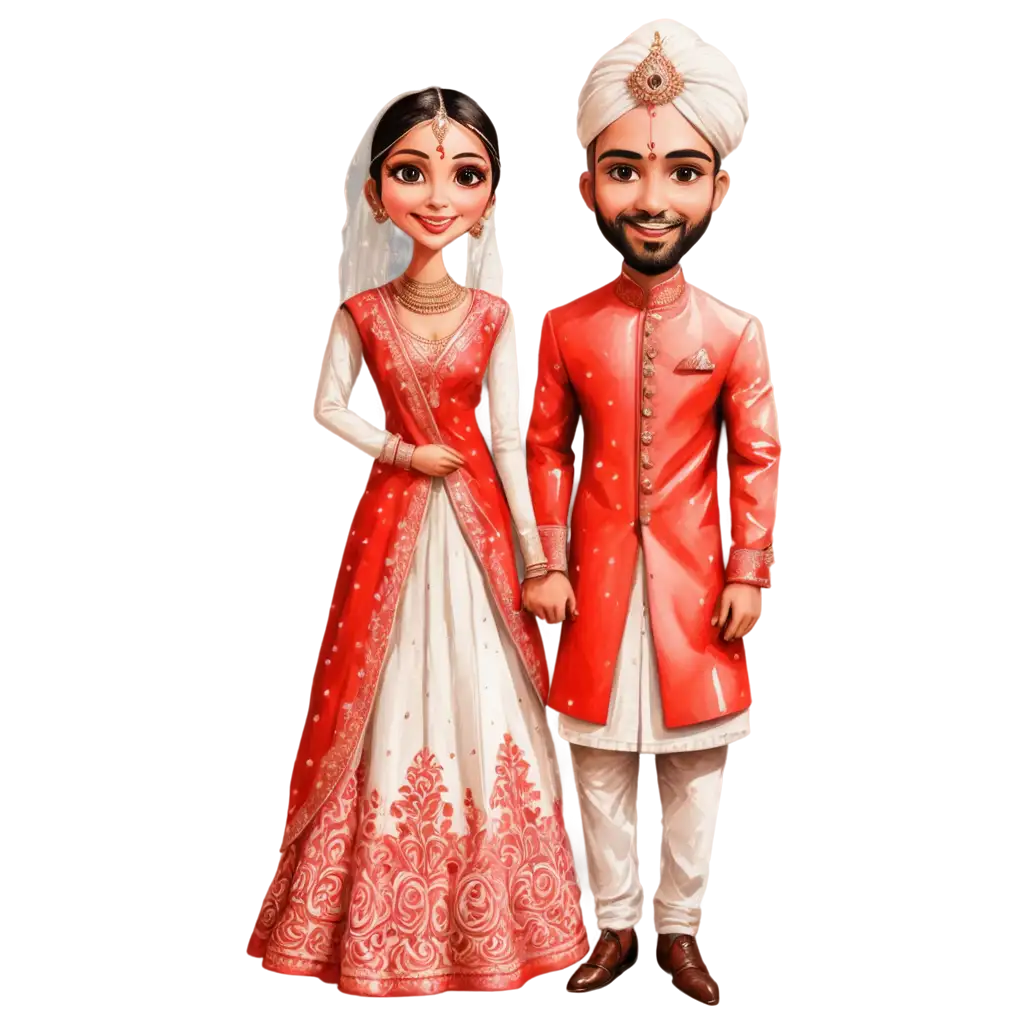 Vibrant-Indian-Hindu-Wedding-Caricature-PNG-Bride-in-White-Sherwani-and-Groom-in-Red-Lehenga