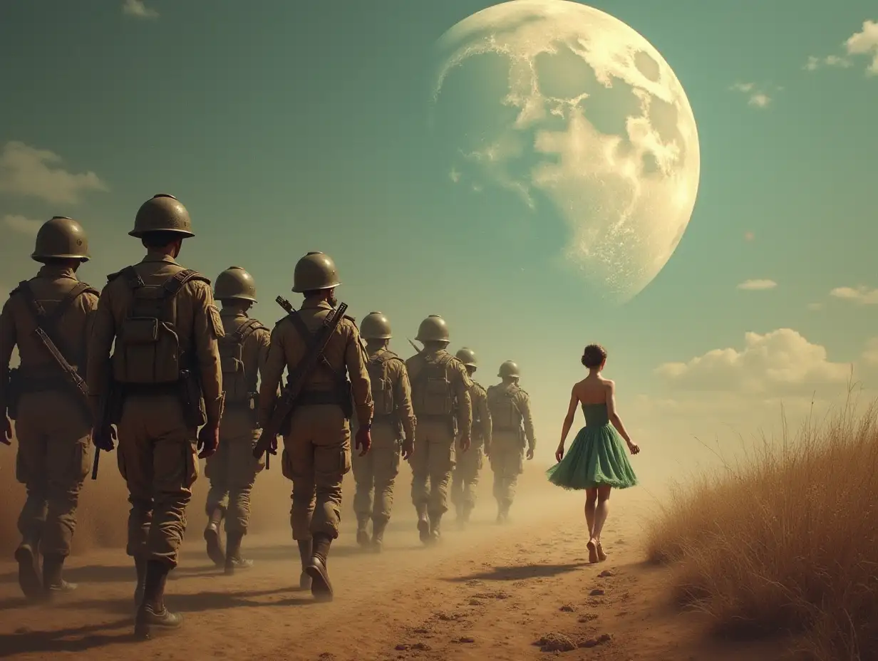 create for me a planet where soldiers are strolling with a Prima Ballerina
