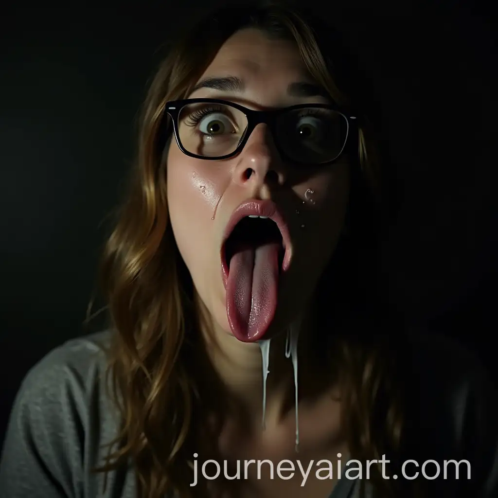 Drunken-BrownHaired-Woman-with-Glasses-in-Dark-Cellar