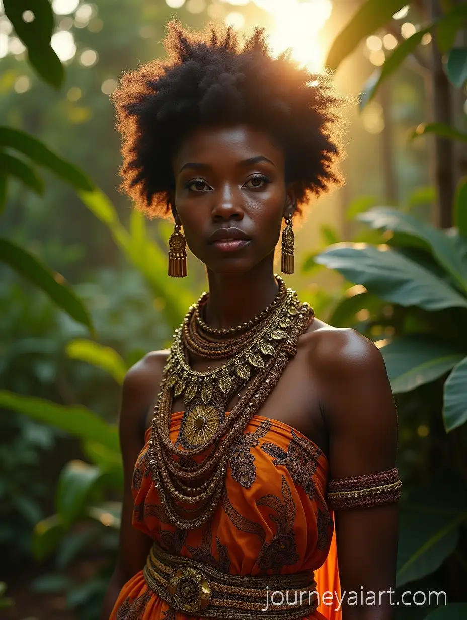Majestic-DarkSMajestic-Afroinspired-womankinned-Woman-in-AfroInspired-Clothing-in-African-Jungle