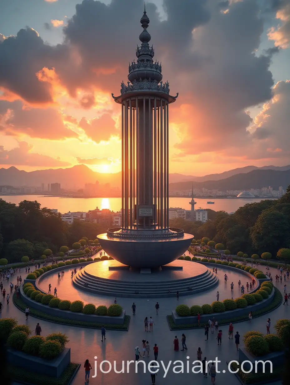 Kilometer-Zero-Monument-in-Palu-Indonesia-at-Sunset-with-City-Lights-and-People