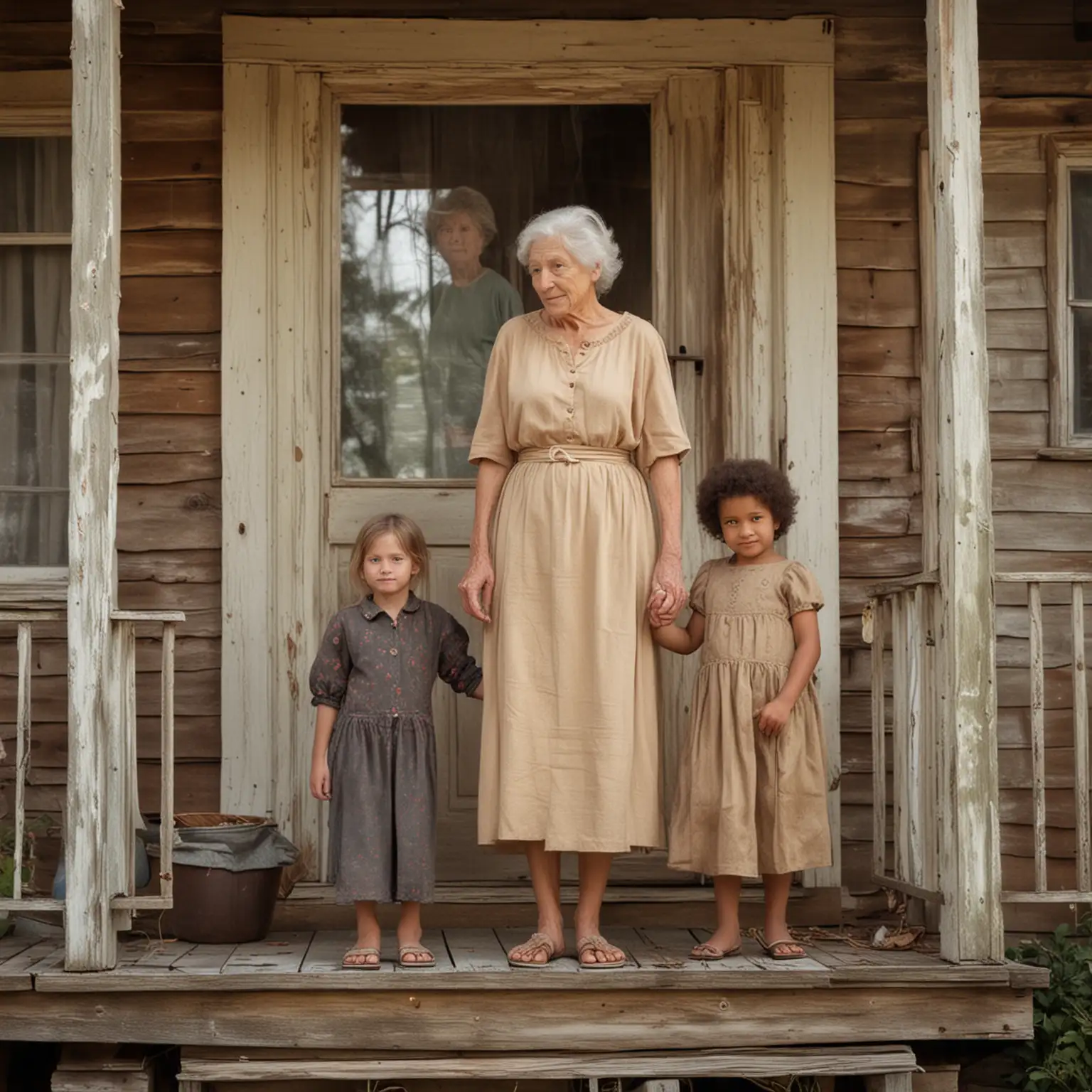 Generations-Appreciating-Today-Waiflike-Girl-with-Mother-and-Grandmother-on-Old-Porch