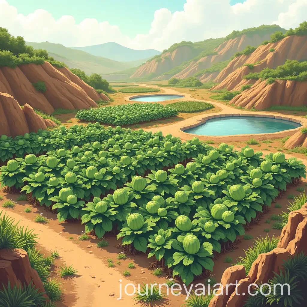 Serene-Rustic-Landscape-with-Melon-Patch-and-Fishponds