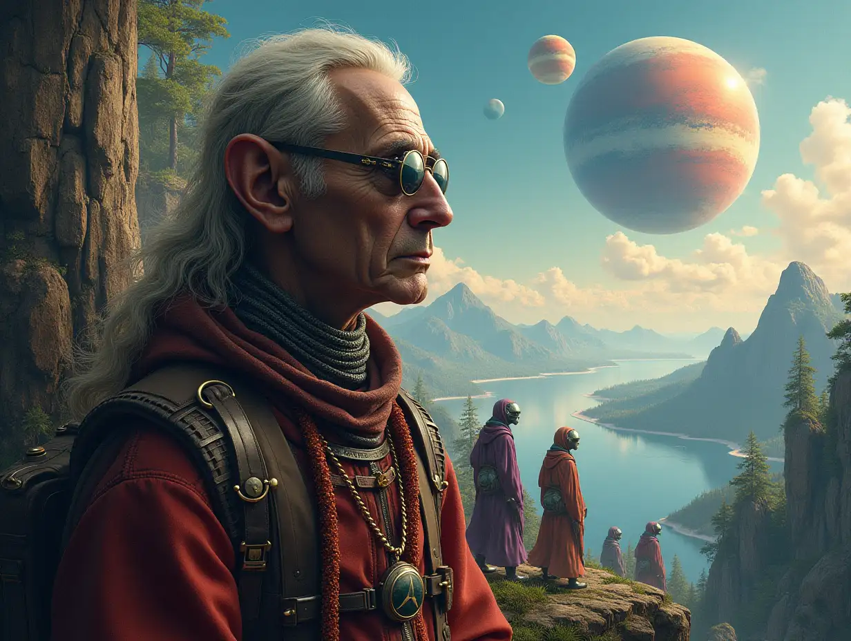 Hyperrealistic portrait of a multiverse time traveler with various alien beings, intricately detailed, colorful forested planets in the background with mountains and sea