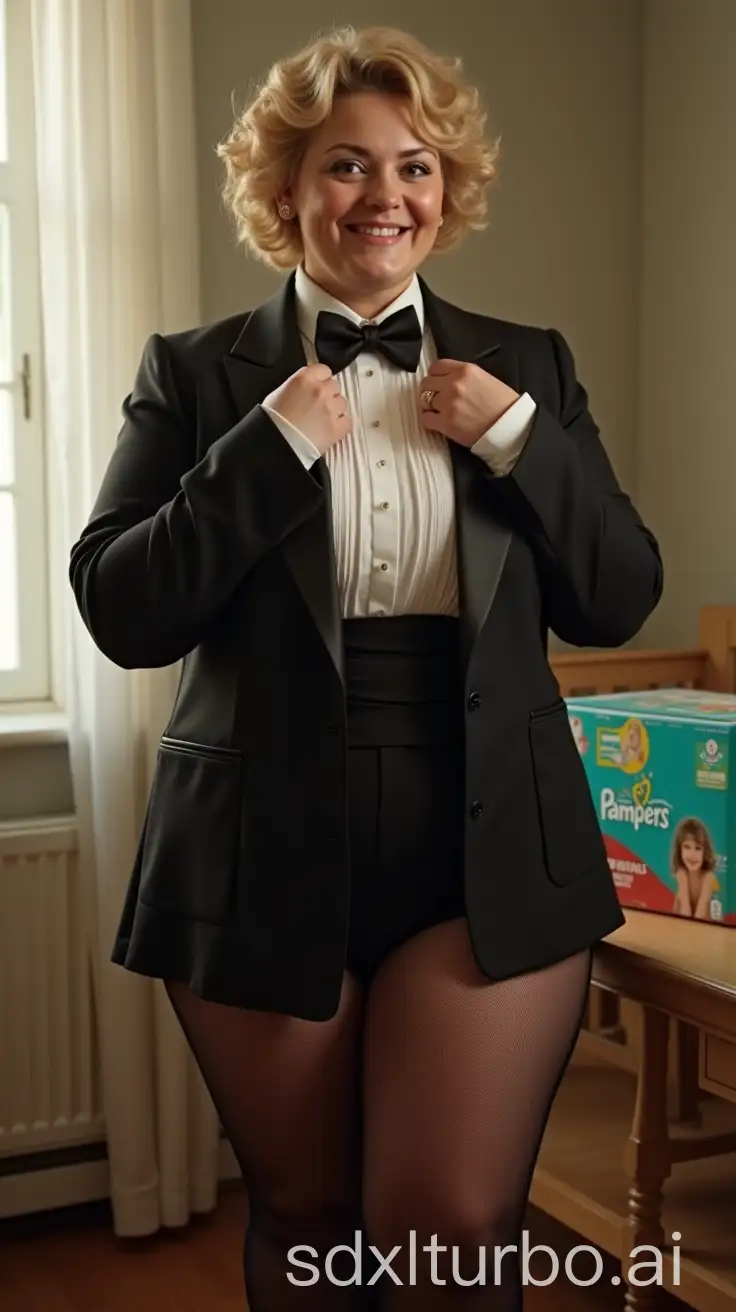 Caucasian-Woman-in-Formal-Orchestra-Tuxedo-at-Nursery-Changing-Table