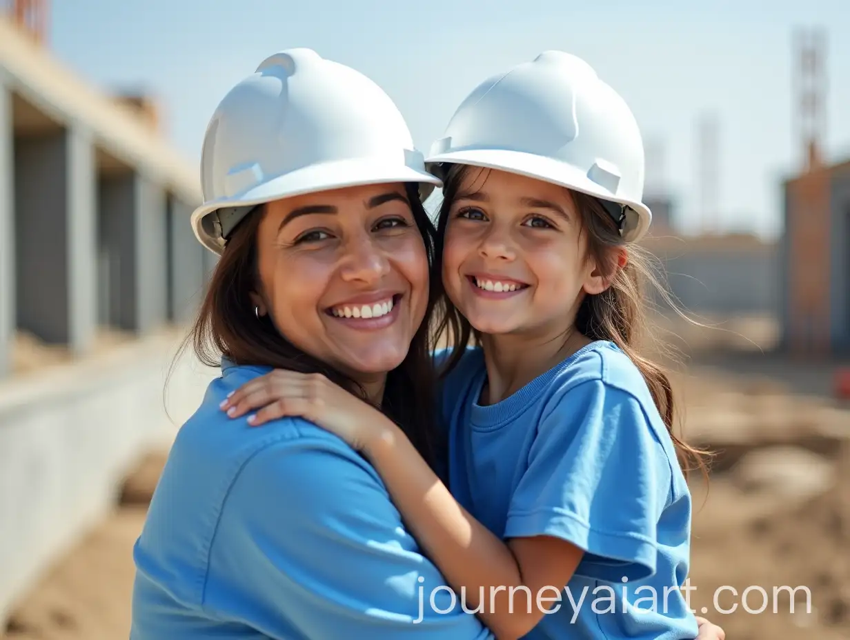 Mexican-Woman-and-Child-Embracing-at-ConstructionAI-Art-Prompt-Expansion-Site-in-Blue-Shirts-and-White-Helmets