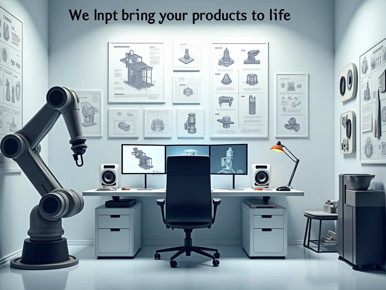 A visually organized engineering and design workspace designed to be legible even at small sizes, featuring text at the top that spans the width of the image reading 'We help bring your products to life'. Larger robotic arm standing on the floor on the left side of the images, 3D printer on right side of desk and engineering tools, blueprints on the wall of products being designed and engineered, set against a backdrop of blueprints, wireframes, and schematics. Minimalist desk with a high-backed ergonomic chair, a triple monitor displaying a detailed 3D CAD design of a new product, surrounded by a desk lamp, speakers, and neatly arranged tools. The right section contains prototyping materials, gears, mechanical components, and technical sketches mounted on the wall. The workspace features a clean, modern aesthetic with neutral tones of white, gray, and soft blue, bright lighting for clarity, and a slight industrial vibe that emphasizes creativity, innovation, and precision.