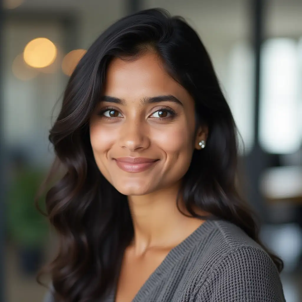 37 years, female, indian, Headshot, no-smile, Modern Office Background