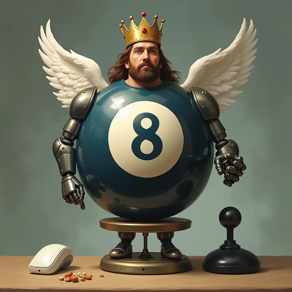 A digital painting, A Handsome male with the body of a magic 8 ball, wearing a crown, his left hand is a hamsa and his right arm is robotic holding a old school joystick, he has wings, his legs are weighing scales, and his left foot is a white computer mouse, and his right foot is a black computer trackball mouse.