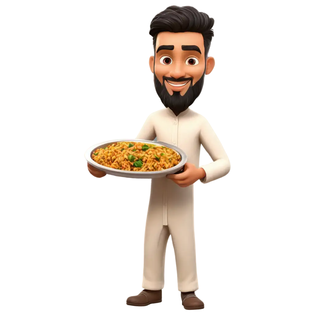 Arab-Guy-in-Thawb-Holding-Kerala-Style-Biriyani-in-Traditional-Kerala-Mud-Chatti-Cartoon-PNG-Image