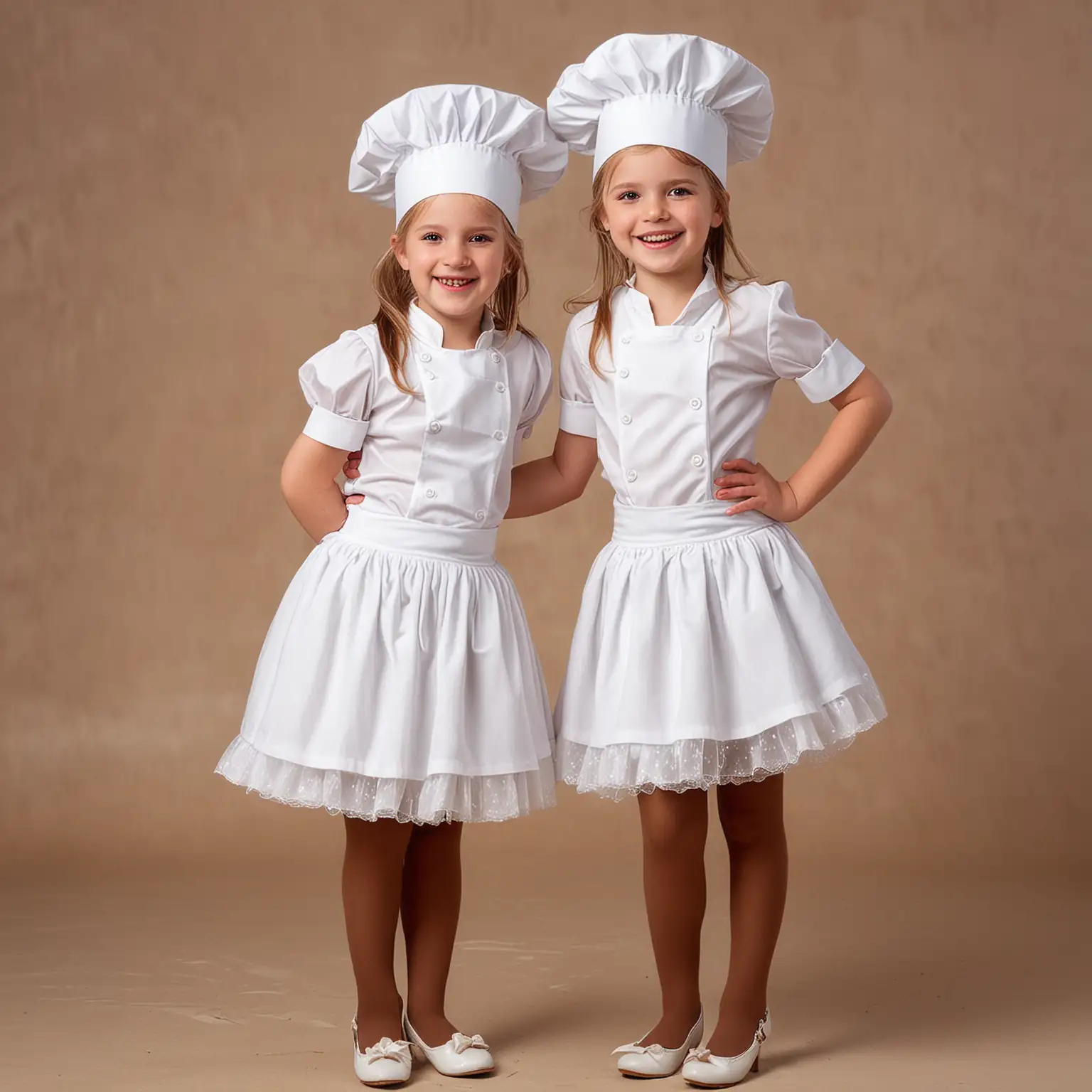 smiling kids brown pantyhose short white skirt high heels chef hat
