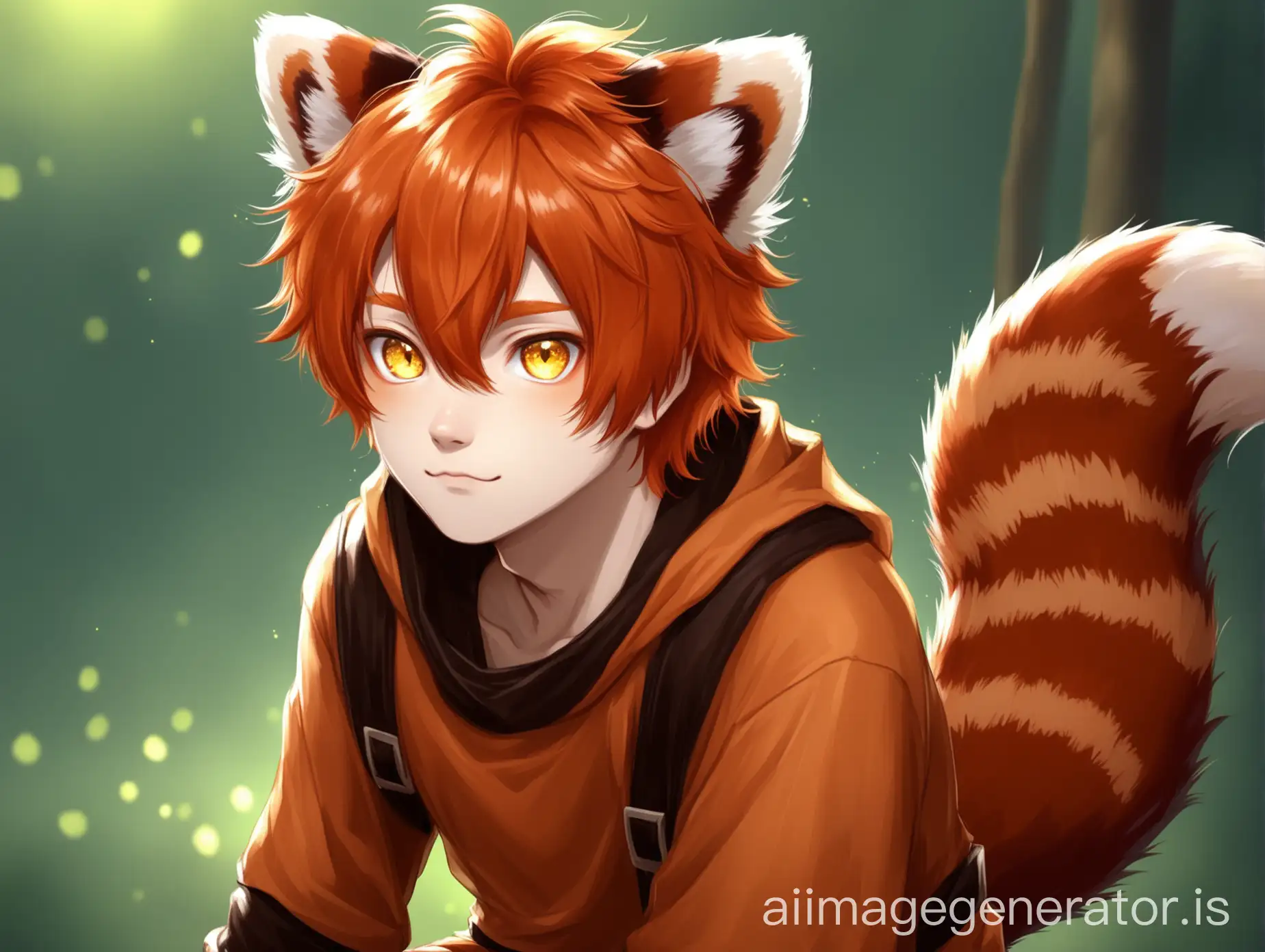 cute boy, red panda demihuman, soft red panda ears and tail, orange hair, stunning yellow eyes