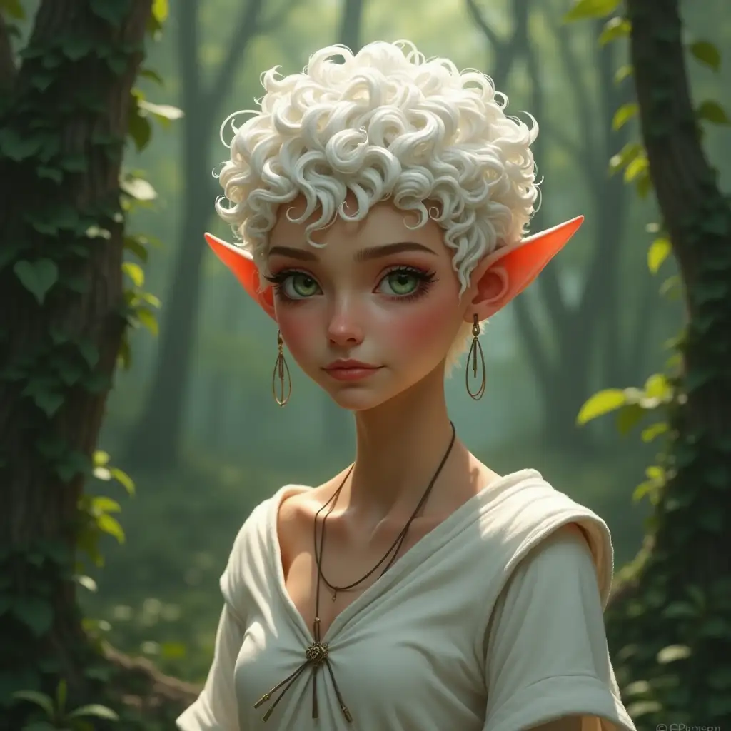 Elf girl, realistic style, pointed ears, short white curly hair, dressed in a white chiton, In full growth, forest