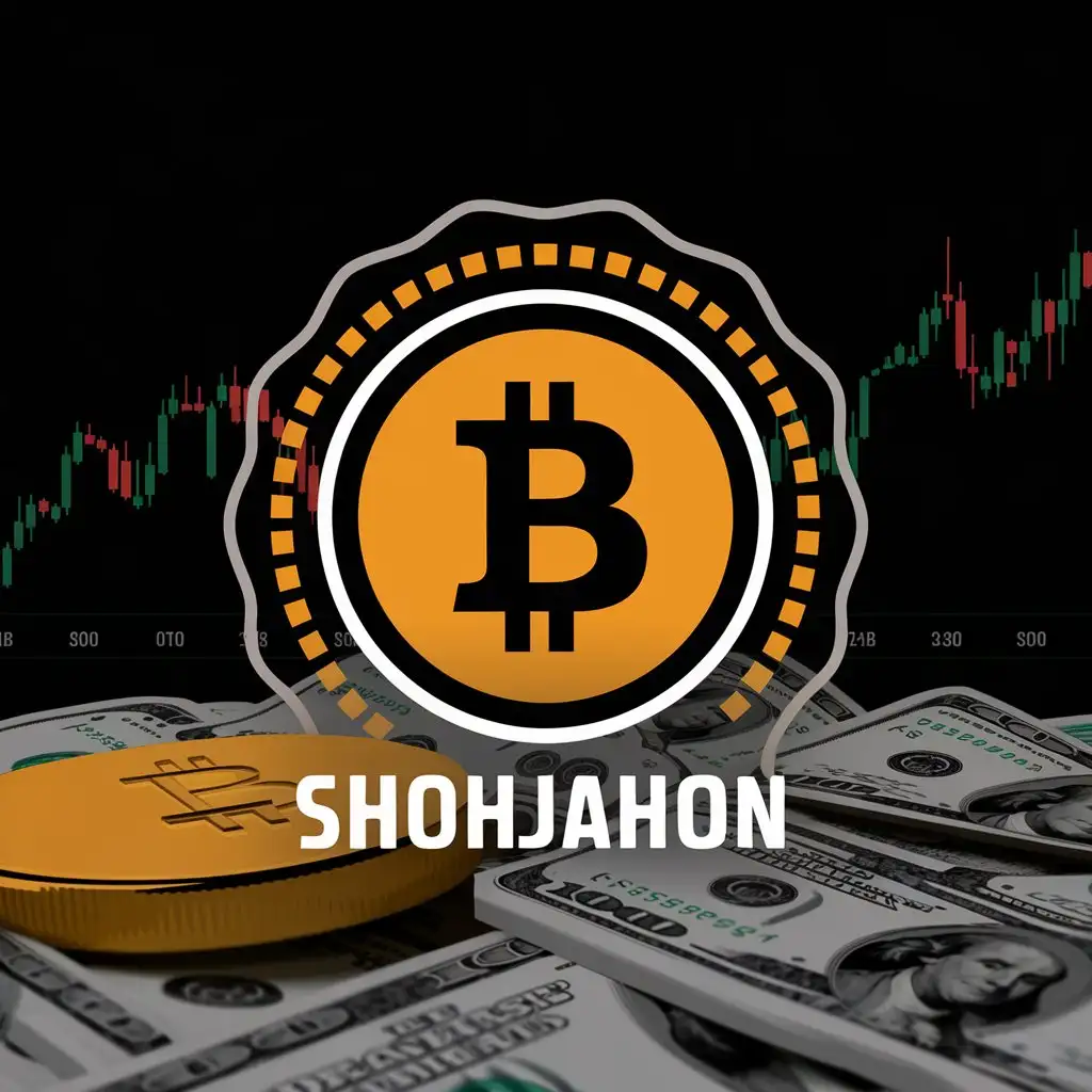 LOGO Design for Shohjahon Bitcoin Symbol with Trading Chart and Gold Dollar Theme