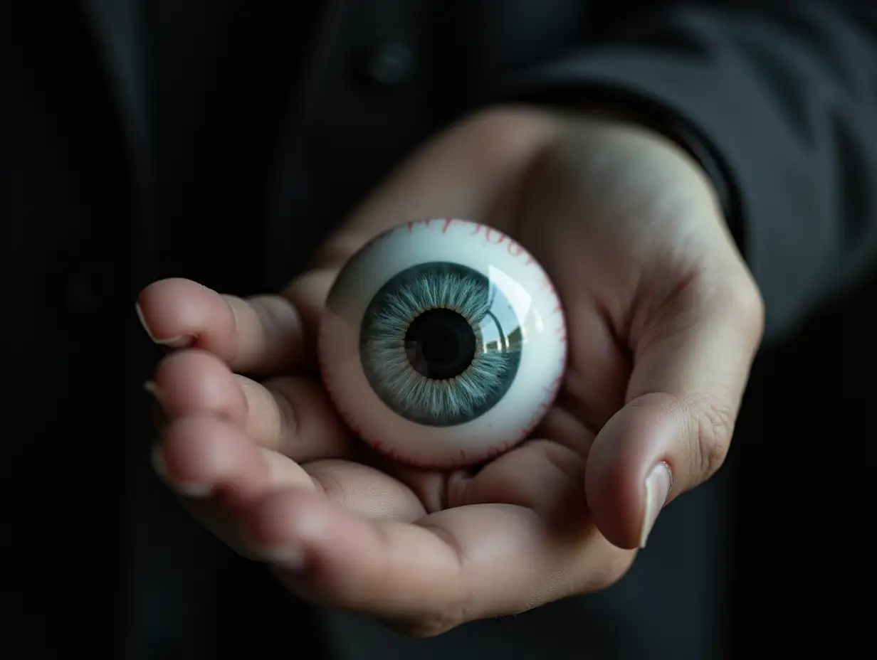 paleman's hand with an eyeball in the palm looking into the camera