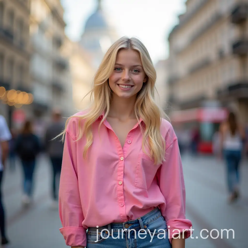 Young-Blonde-Woman-in-Pink-Shirt-and-Blue-Jeans-with-Blurry-City-Background