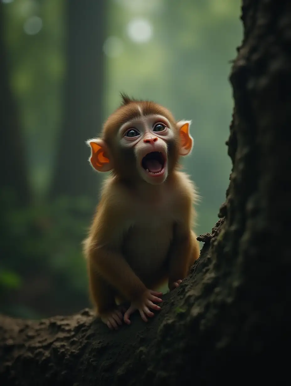 A baby brown monkey in a scary forest perched on top of a tree and looking at the camera with a surprised face with an open mouth