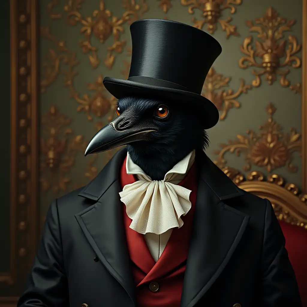 Victorian-Crow-Portrait-in-Rococo-Style-with-Top-Hat-and-Pocket-Square