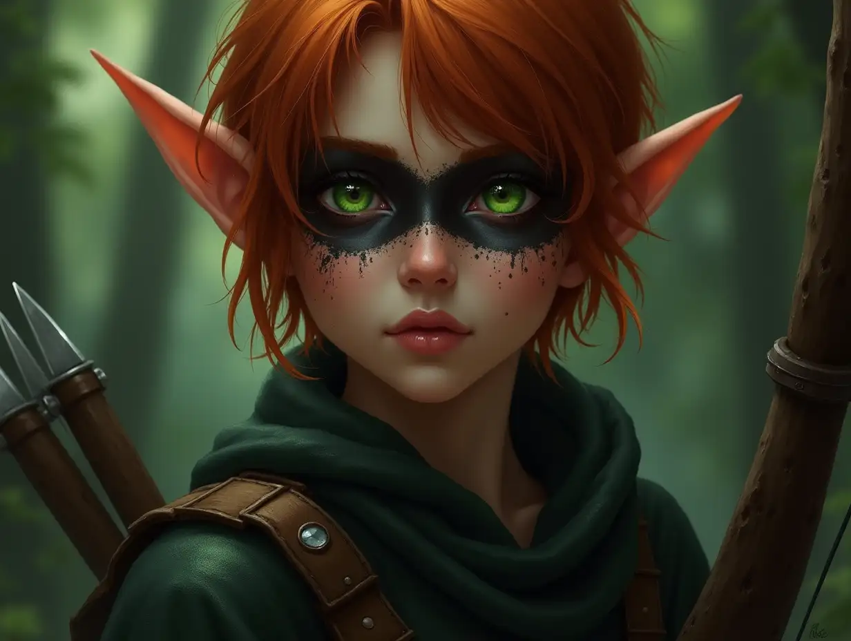 female elf, archer, ginger short hair, green eyes, black face paint, freckles, dark rpg, DnD character, beautiful, high quality, highly detailed