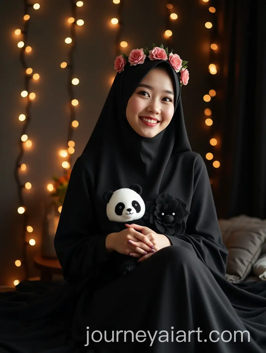 Young-Korean-Woman-in-Black-Hijab-with-Flower-Crown-and-Panda-Doll-in-Dreamy-Bedroom-Setting