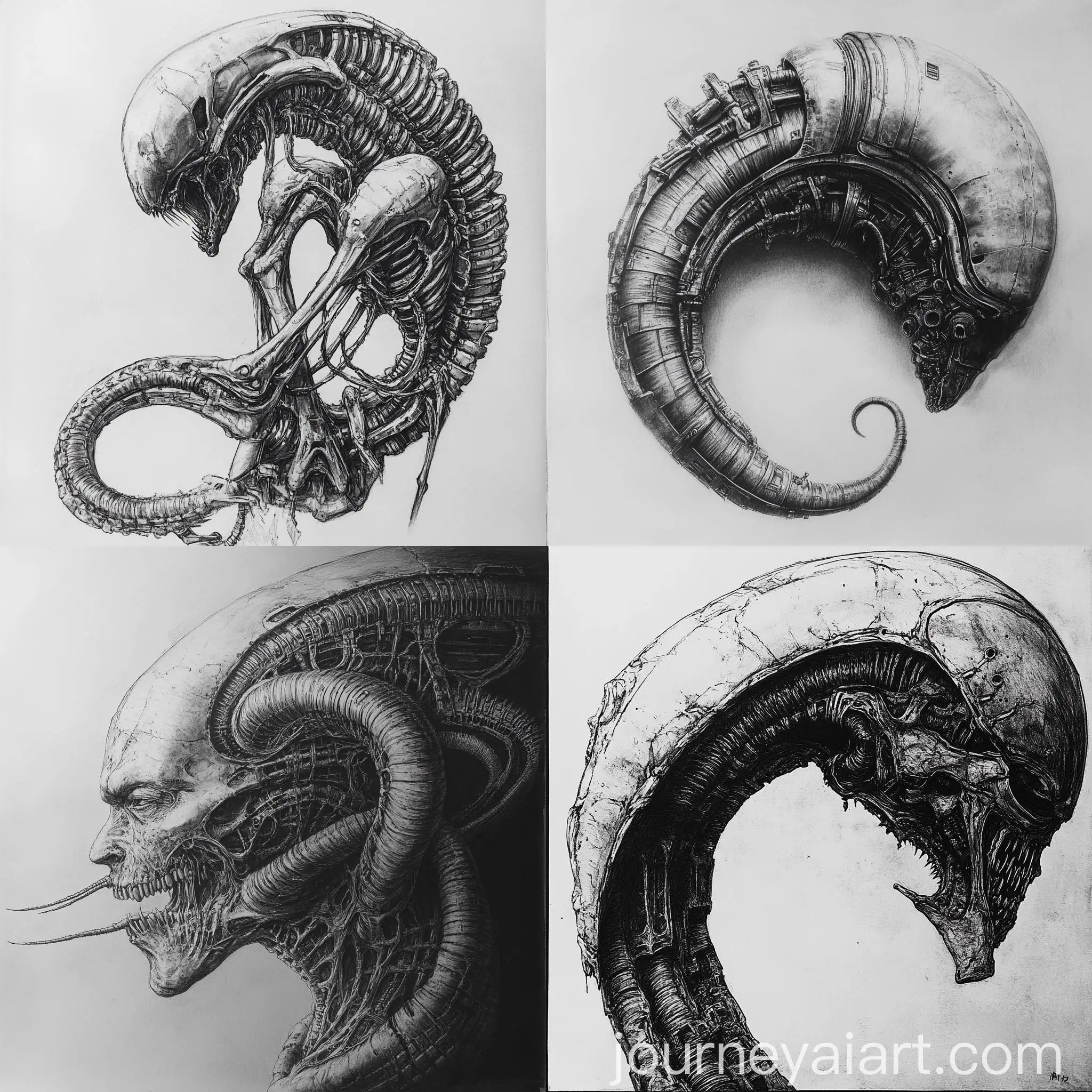 Worm-Anthropomorphic-Creature-in-HR-Giger-Style-Pencil-Drawing