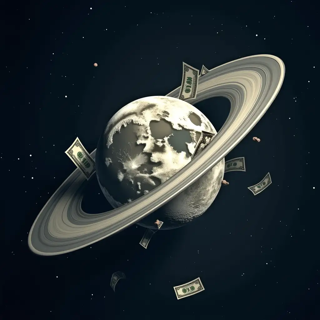 Moon-Surrounded-by-Orbiting-Dollar-Bills-in-a-Celestial-Scene