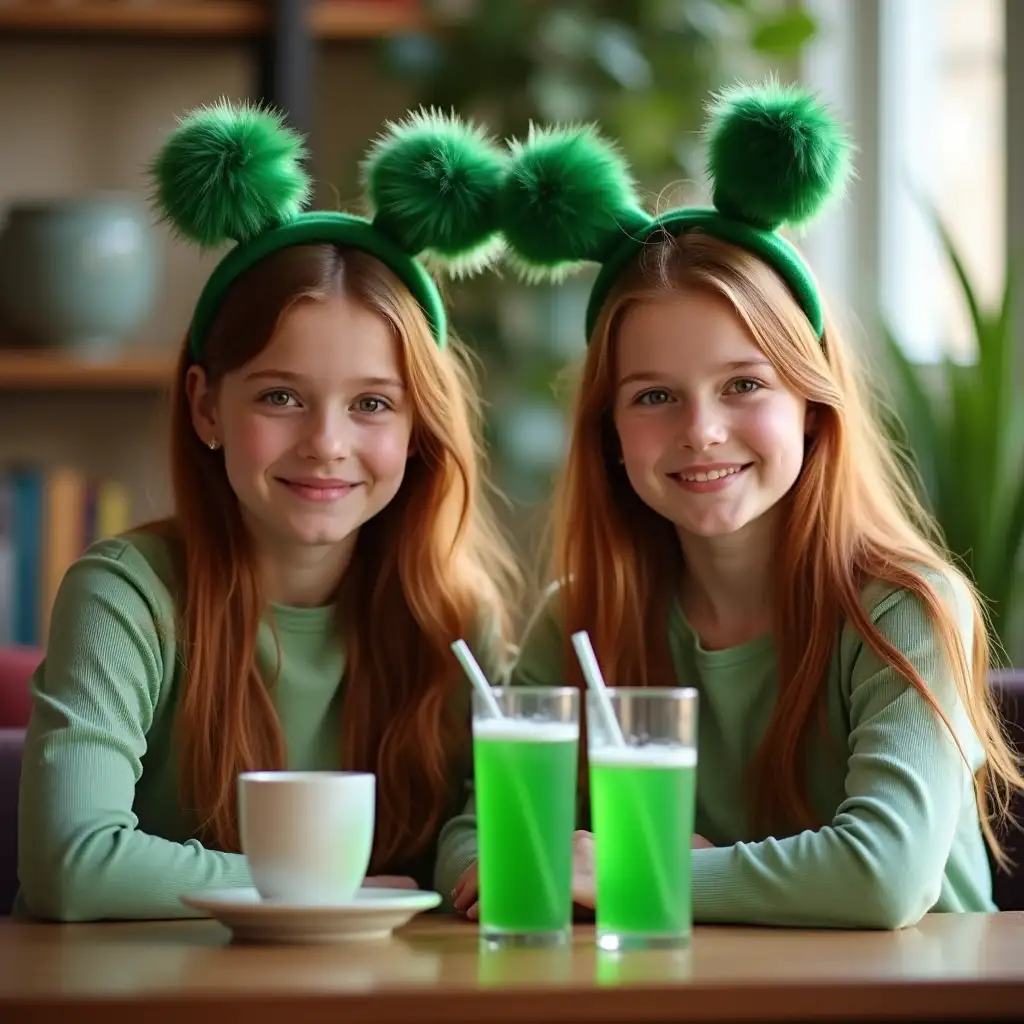 St. Patrick's Day theme, a high-resolution photo shows two 15-year-old girls with reddish brown hair sitting at a table. They are wearing light green tops. On their heads, they wear green furry headbands. On the table in front of them were glass bottles filled with bright green drinks, each with a straw. There is also a white cup nearby. The background is soft, displaying some green plants and a comfortable, well lit room, creating a warm and festive atmosphere. Real shooting, delicate,