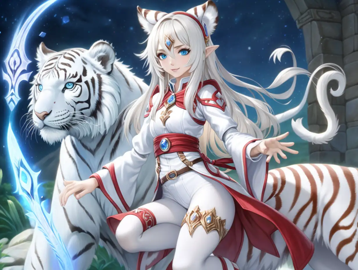 (((white mage's uniform))), ((mage woman)), ((white tiger ears)), white long hair, (only 1 woman), red freckles, (blue Glowing eyes), ((without humans ears)), ((beautiful face)), country's atmosphere, магия молнии, управление молнией, (full body), a gentle smile, ((white tights))