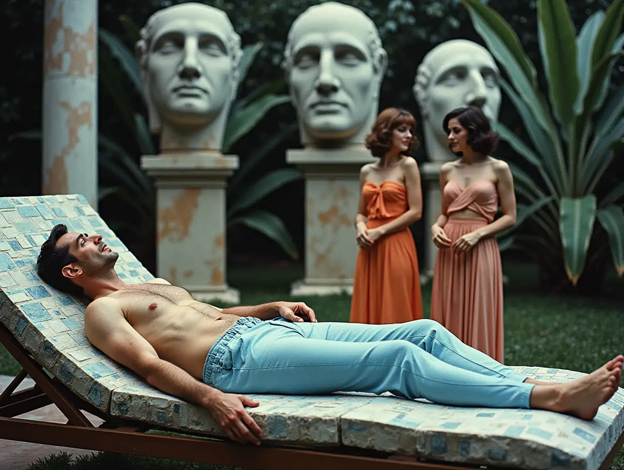 realistic image of a man in blue mosaic, he is lying on an ancient stone deckchair, women in Roman dress having fun around him, in a garden with large heads of old stone statues of an unknown civilization, marble columns and exotic plants. surreal style, dark retro colors, strange, unreal, 60s, panavision 70s