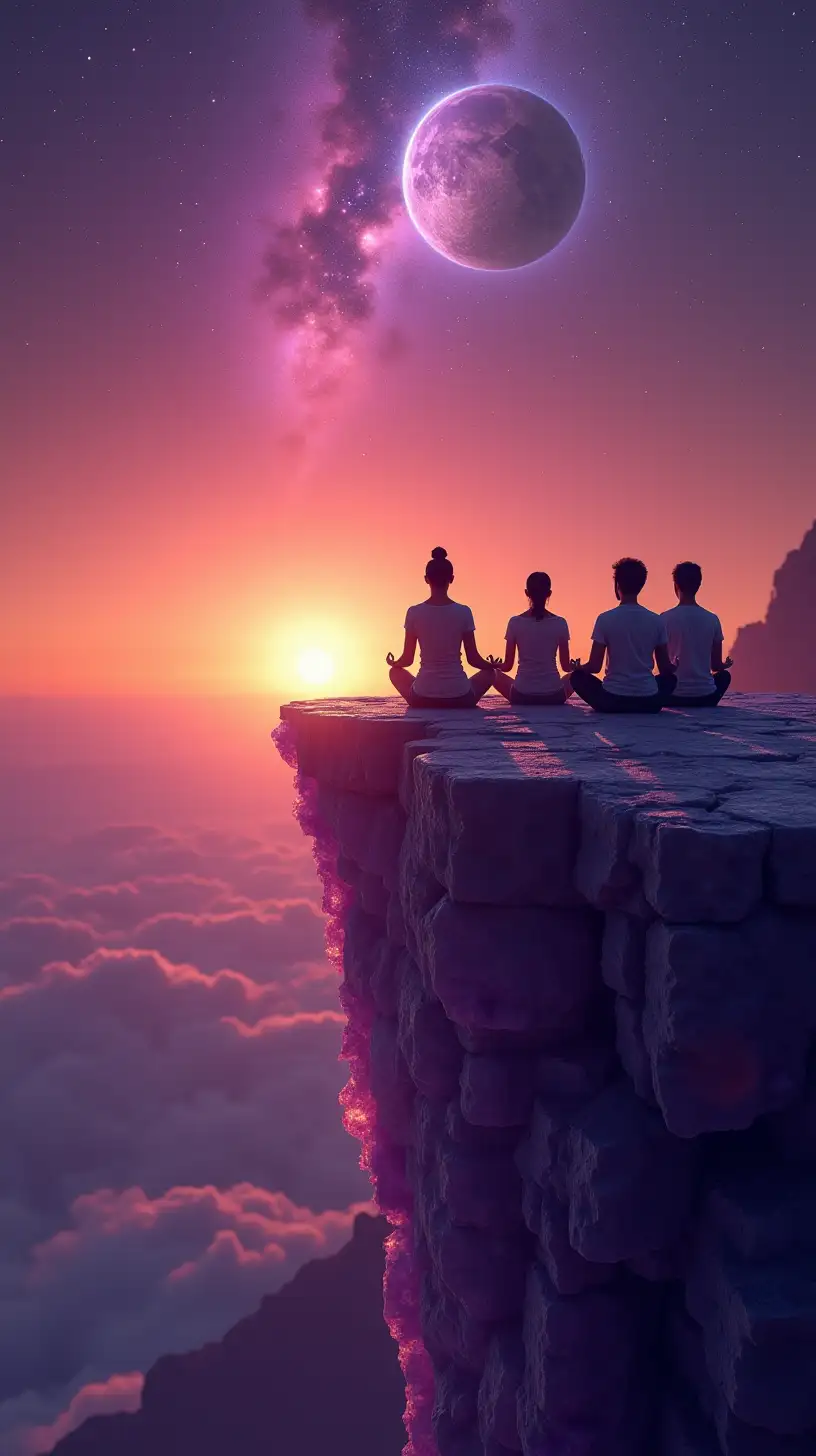 A group of people in a guided meditation. The scene is on top of a cliff made of amethyst next to the edge of the universe at sunset. Both the sun and moon are visible in a colorful sky