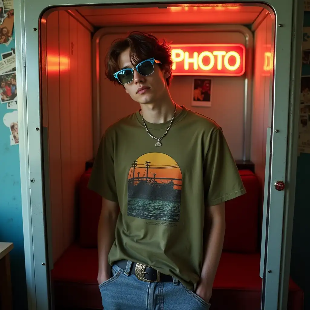 Gen-Z-Male-Model-in-Retro-Photo-Booth-with-Oversized-Graphic-TShirt