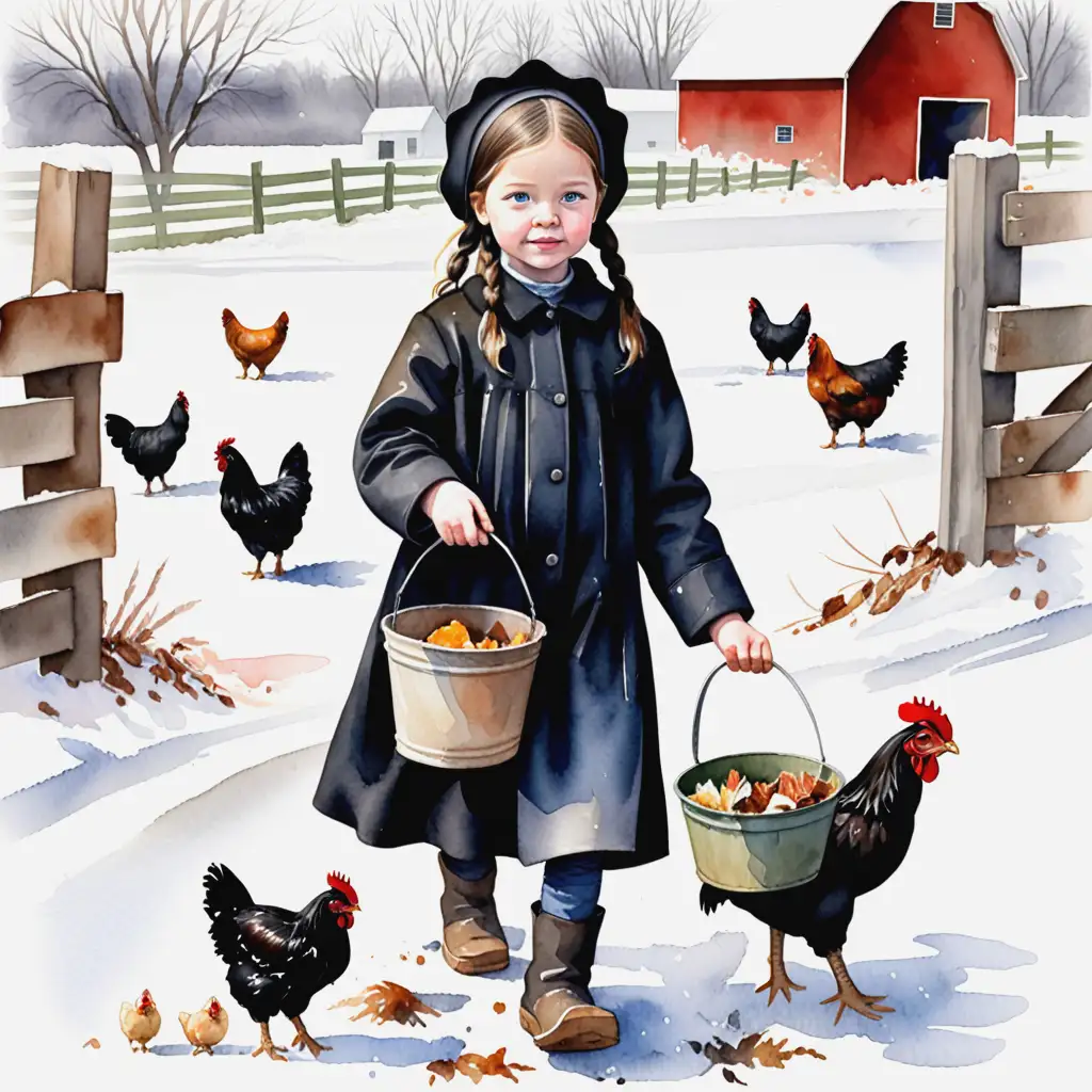 Watercolor Art of Amish Girl Feeding Chickens in Snow