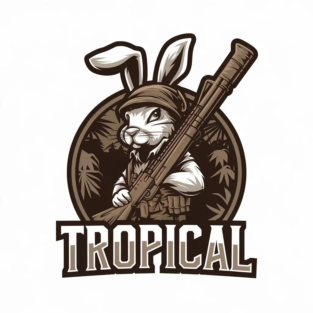 LOGO Design for Tropical Bunny Jungle Themed with Warrior Attire and Rifle