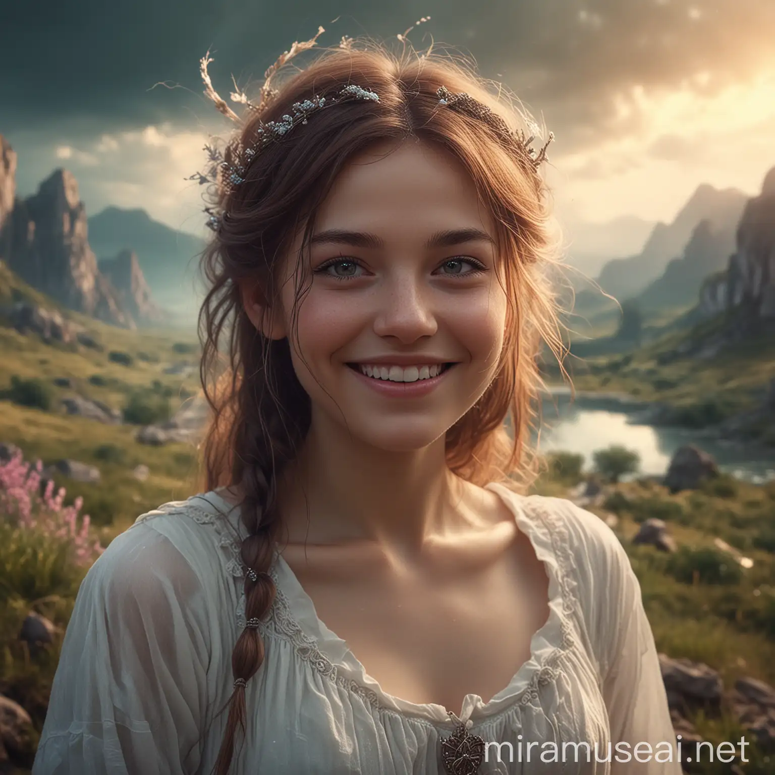 Ethereal Spirit with Mischievous Smile in Cinematic Fantasy Landscape