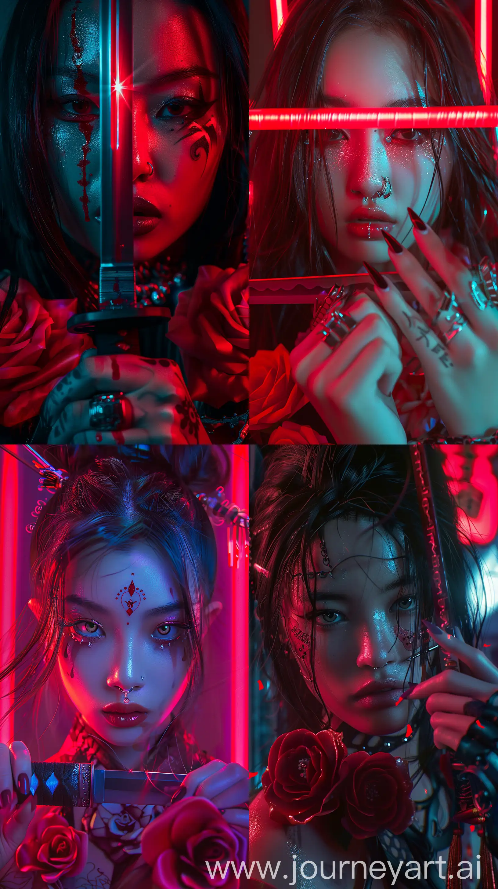 Asian-Girl-in-Cyberpunk-Fashion-with-Katana-and-Red-Roses