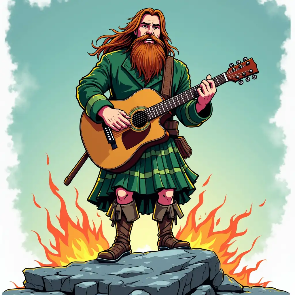 A cartoon image of a Scottish highlander with beard , long hair and a green kilt holding a guitar. He is standing on a rock with fire and ice