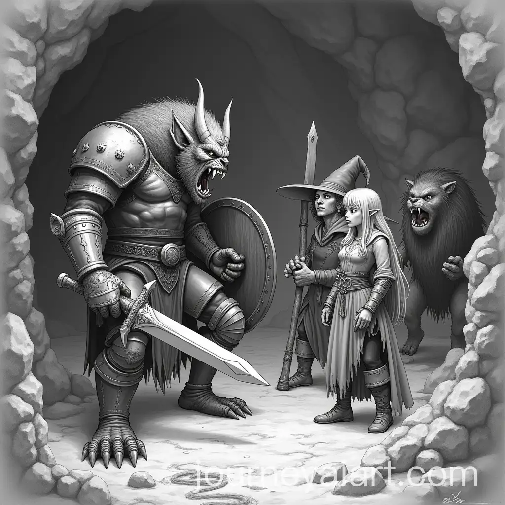 Demon-and-Troll-Battle-in-Cave-with-Dwarf-and-Witch-Girl